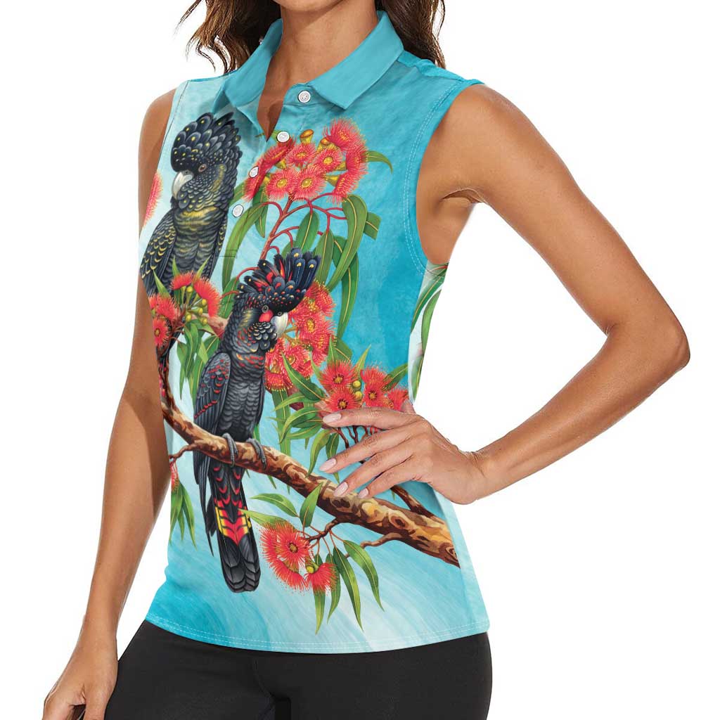 Australia Black Cockatoo and Eucalyptus Women Sleeveless Polo Shirt Blue Spirit of Aussie Native Bird - Aussie Hoodie