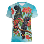 Australia Black Cockatoo and Eucalyptus Women V-Neck T-Shirt Blue Spirit of Aussie Native Bird - Aussie Hoodie