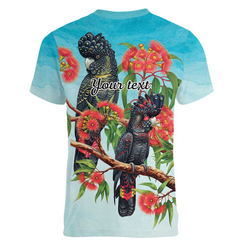 Australia Black Cockatoo and Eucalyptus Women V-Neck T-Shirt Blue Spirit of Aussie Native Bird - Aussie Hoodie