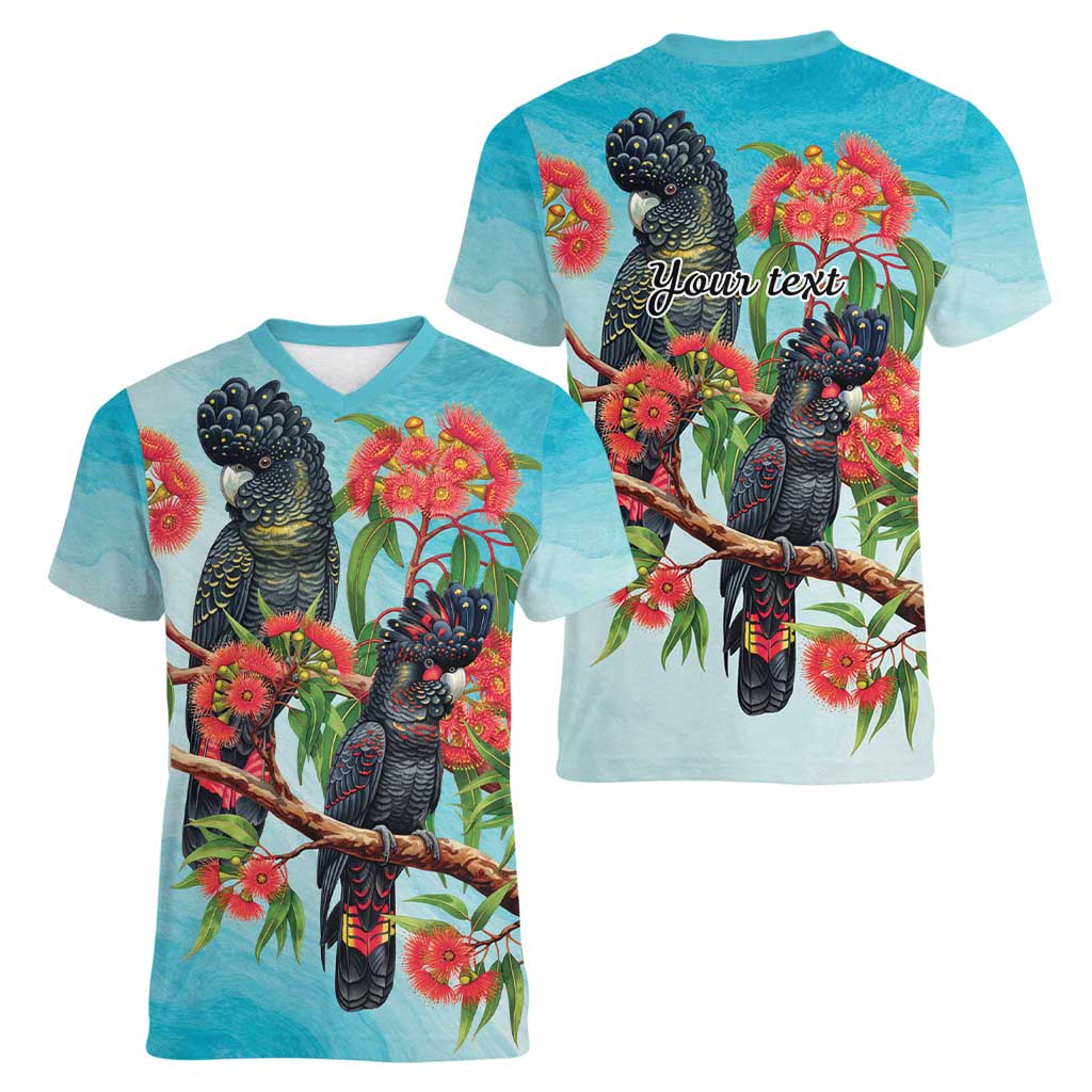 Australia Black Cockatoo and Eucalyptus Women V-Neck T-Shirt Blue Spirit of Aussie Native Bird - Aussie Hoodie