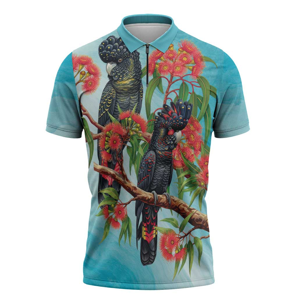 Australia Black Cockatoo and Eucalyptus Zipper Polo Shirt Blue Spirit of Aussie Native Bird - Aussie Hoodie