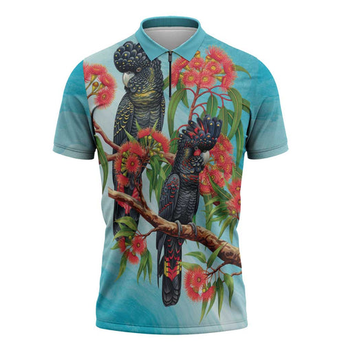 Australia Black Cockatoo and Eucalyptus Zipper Polo Shirt Blue Spirit of Aussie Native Bird - Aussie Hoodie