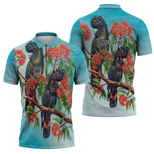 Australia Black Cockatoo and Eucalyptus Zipper Polo Shirt Blue Spirit of Aussie Native Bird - Aussie Hoodie