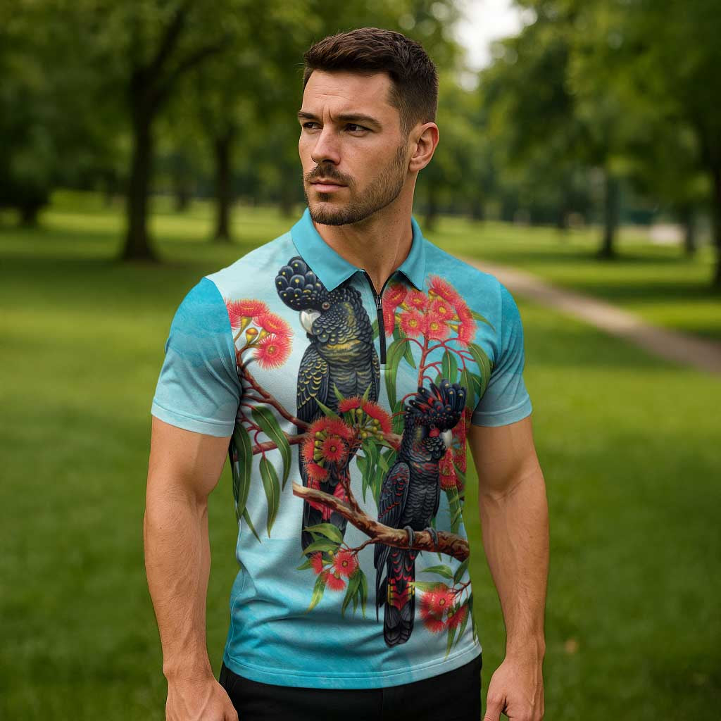 Australia Black Cockatoo and Eucalyptus Zipper Polo Shirt Blue Spirit of Aussie Native Bird - Aussie Hoodie