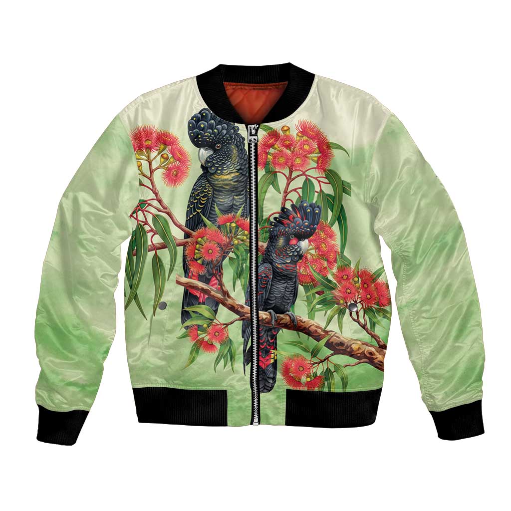 Australia Black Cockatoo and Eucalyptus Bomber Jacket Green Spirit of Aussie Native Bird - Aussie Hoodie