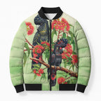 Australia Black Cockatoo and Eucalyptus Bomber Puffer Jacket Green Spirit of Aussie Native Bird - Aussie Hoodie