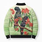 Australia Black Cockatoo and Eucalyptus Bomber Puffer Jacket Green Spirit of Aussie Native Bird - Aussie Hoodie