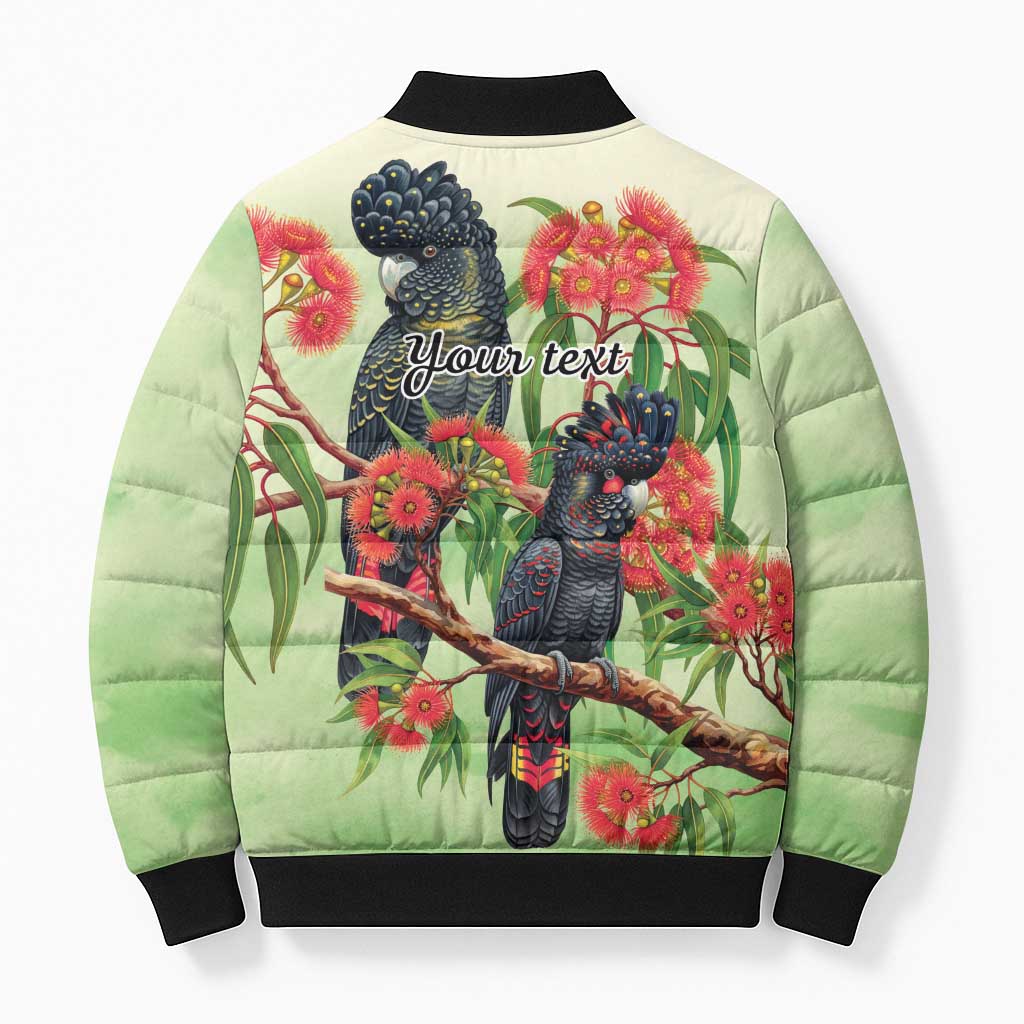 Australia Black Cockatoo and Eucalyptus Bomber Puffer Jacket Green Spirit of Aussie Native Bird - Aussie Hoodie