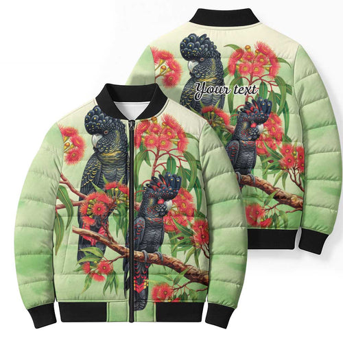 Australia Black Cockatoo and Eucalyptus Bomber Puffer Jacket Green Spirit of Aussie Native Bird - Aussie Hoodie