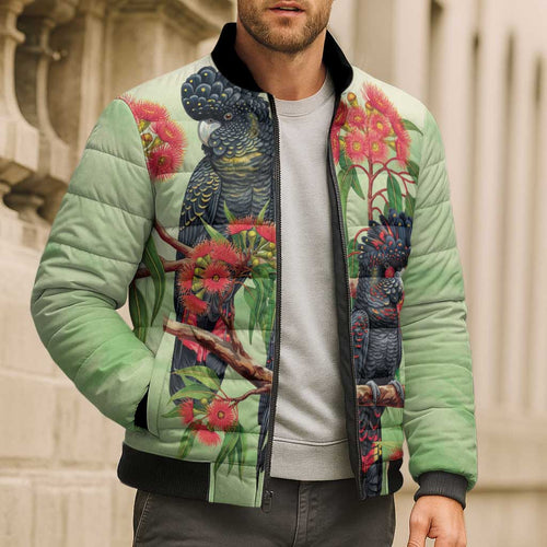 Australia Black Cockatoo and Eucalyptus Bomber Puffer Jacket Green Spirit of Aussie Native Bird - Aussie Hoodie