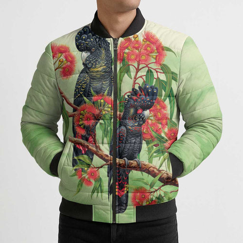 Australia Black Cockatoo and Eucalyptus Bomber Puffer Jacket Green Spirit of Aussie Native Bird - Aussie Hoodie