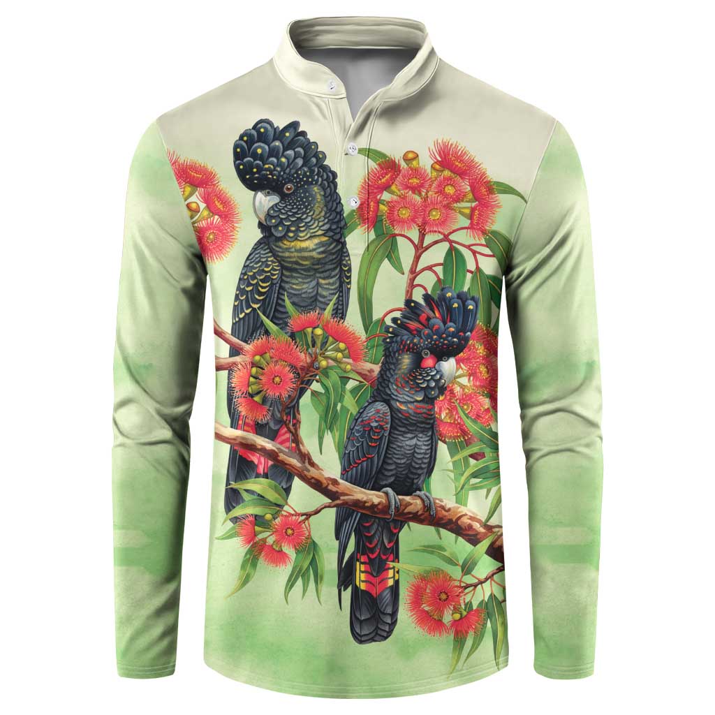 Australia Black Cockatoo and Eucalyptus Button Sweatshirt Green Spirit of Aussie Native Bird - Aussie Hoodie
