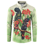 Australia Black Cockatoo and Eucalyptus Button Sweatshirt Green Spirit of Aussie Native Bird - Aussie Hoodie
