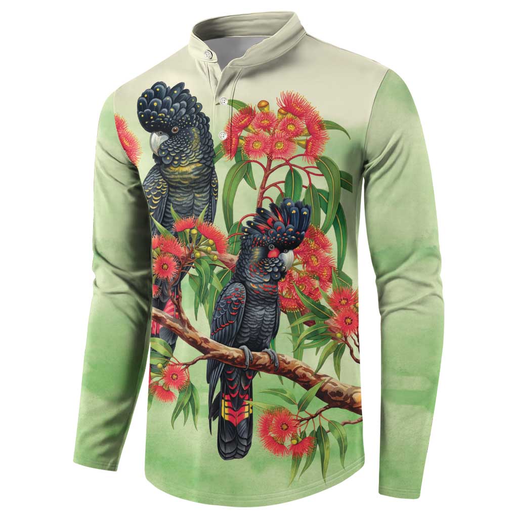 Australia Black Cockatoo and Eucalyptus Button Sweatshirt Green Spirit of Aussie Native Bird - Aussie Hoodie