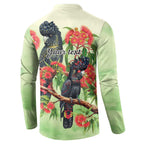 Australia Black Cockatoo and Eucalyptus Button Sweatshirt Green Spirit of Aussie Native Bird - Aussie Hoodie