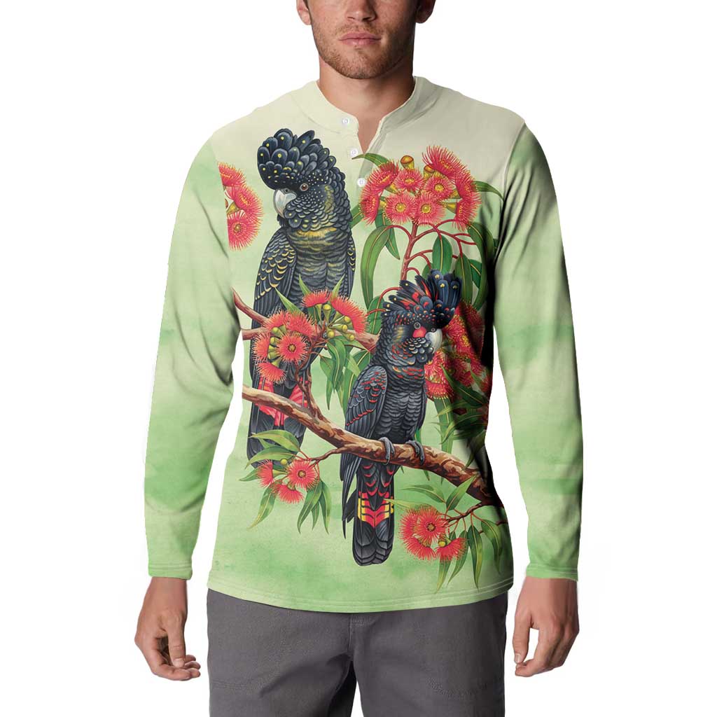 Australia Black Cockatoo and Eucalyptus Button Sweatshirt Green Spirit of Aussie Native Bird - Aussie Hoodie