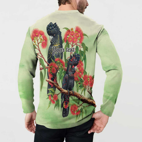 Australia Black Cockatoo and Eucalyptus Button Sweatshirt Green Spirit of Aussie Native Bird - Aussie Hoodie