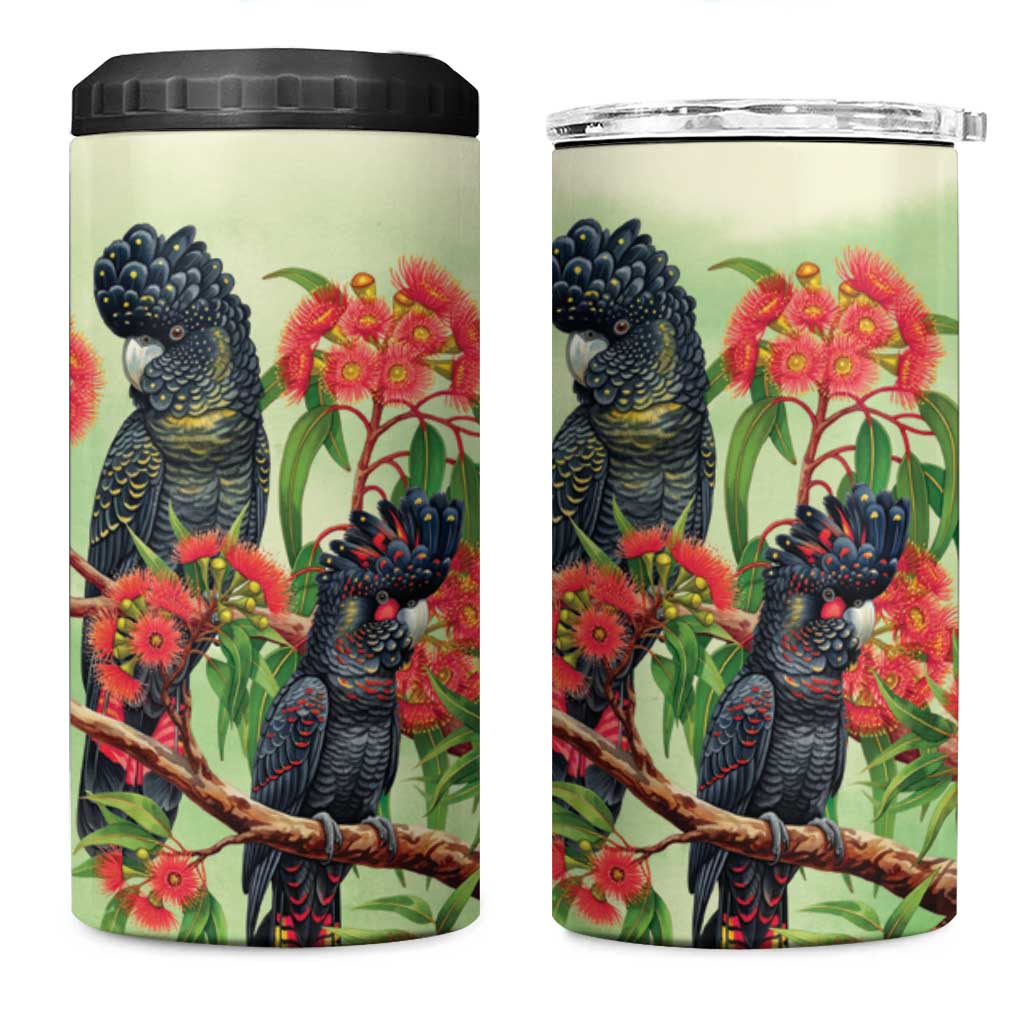 Australia Black Cockatoo and Eucalyptus 4 in 1 Can Cooler Tumbler Green Spirit of Aussie Native Bird - Aussie Hoodie