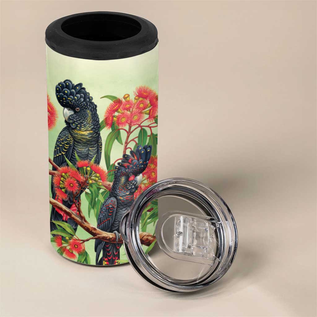 Australia Black Cockatoo and Eucalyptus 4 in 1 Can Cooler Tumbler Green Spirit of Aussie Native Bird - Aussie Hoodie