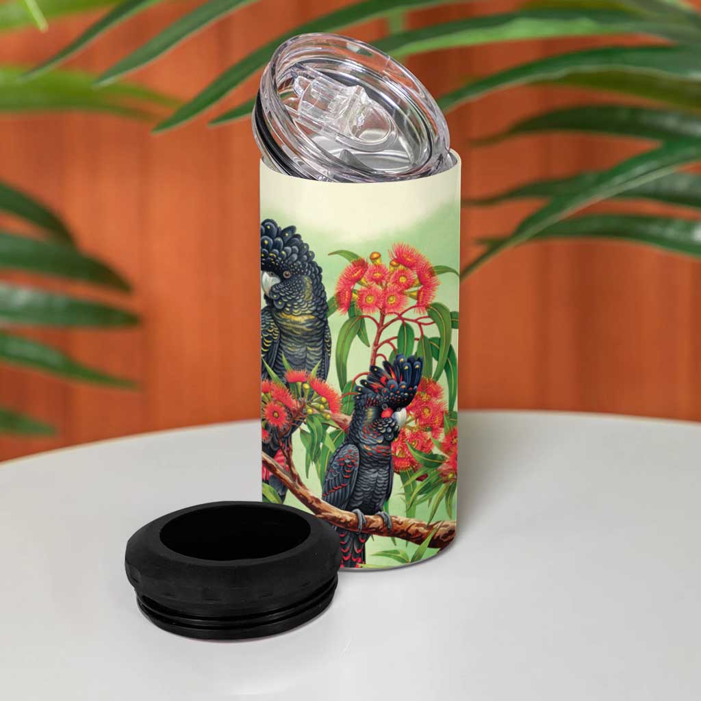 Australia Black Cockatoo and Eucalyptus 4 in 1 Can Cooler Tumbler Green Spirit of Aussie Native Bird - Aussie Hoodie