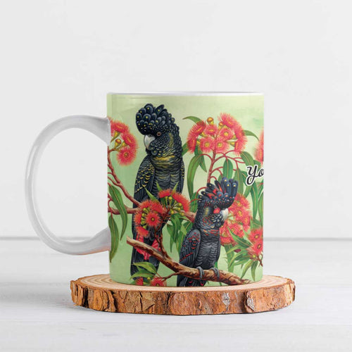 Australia Black Cockatoo and Eucalyptus Ceramic Mug Green Spirit of Aussie Native Bird - Aussie Hoodie