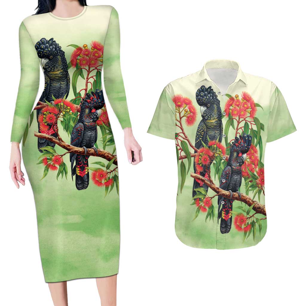 Australia Black Cockatoo and Eucalyptus Couples Matching Long Sleeve Bodycon Dress and Hawaiian Shirt Green Spirit of Aussie Native Bird - Aussie Hoodie