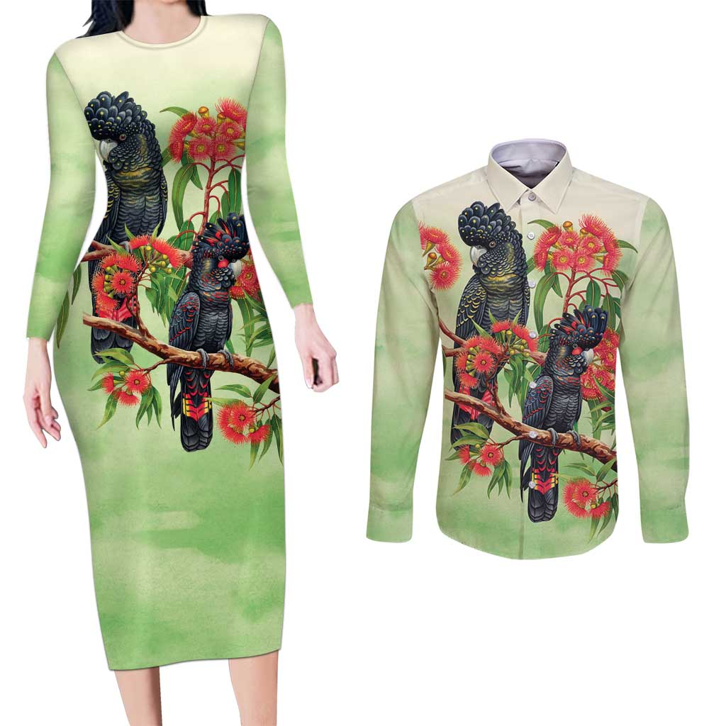 Australia Black Cockatoo and Eucalyptus Couples Matching Long Sleeve Bodycon Dress and Long Sleeve Button Shirt Green Spirit of Aussie Native Bird - Aussie Hoodie