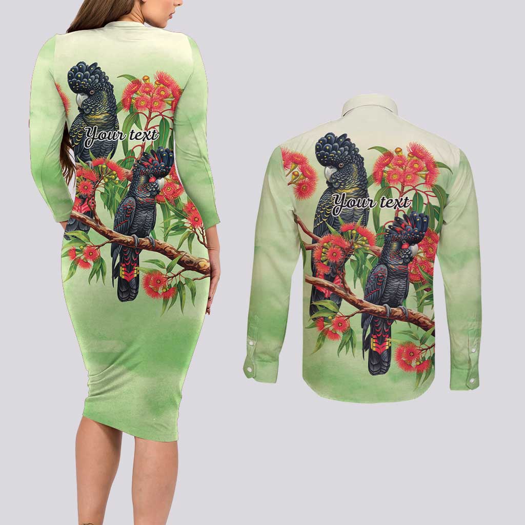 Australia Black Cockatoo and Eucalyptus Couples Matching Long Sleeve Bodycon Dress and Long Sleeve Button Shirt Green Spirit of Aussie Native Bird - Aussie Hoodie