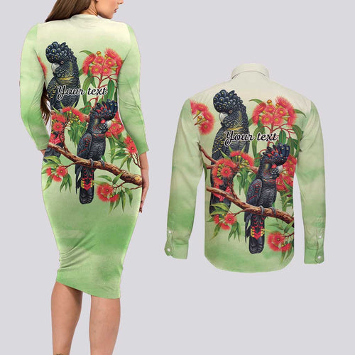 Australia Black Cockatoo and Eucalyptus Couples Matching Long Sleeve Bodycon Dress and Long Sleeve Button Shirt Green Spirit of Aussie Native Bird - Aussie Hoodie