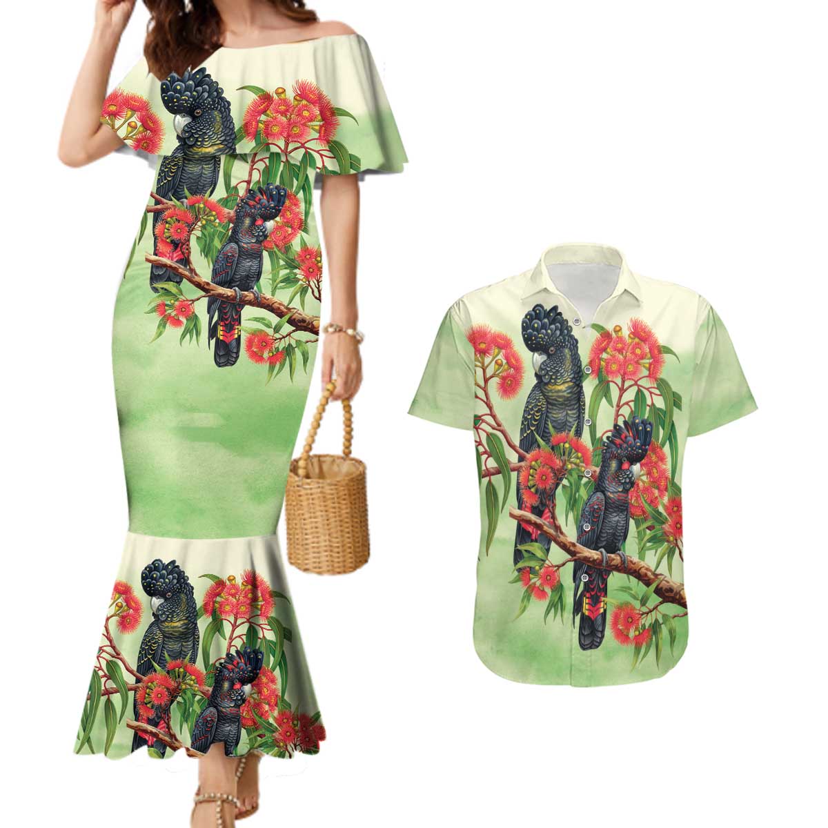 Australia Black Cockatoo and Eucalyptus Couples Matching Mermaid Dress and Hawaiian Shirt Green Spirit of Aussie Native Bird - Aussie Hoodie