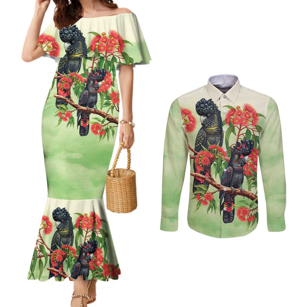 Australia Black Cockatoo and Eucalyptus Couples Matching Mermaid Dress and Long Sleeve Button Shirt Green Spirit of Aussie Native Bird - Aussie Hoodie