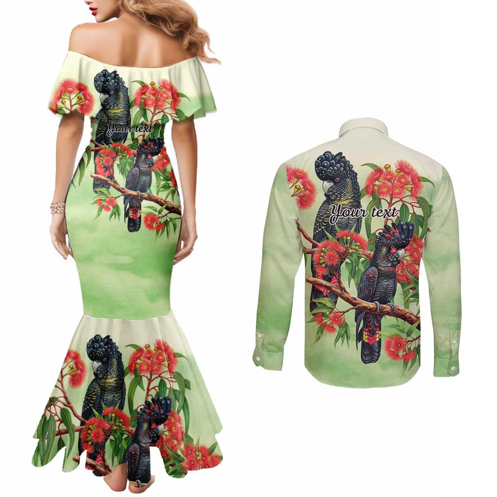 Australia Black Cockatoo and Eucalyptus Couples Matching Mermaid Dress and Long Sleeve Button Shirt Green Spirit of Aussie Native Bird - Aussie Hoodie