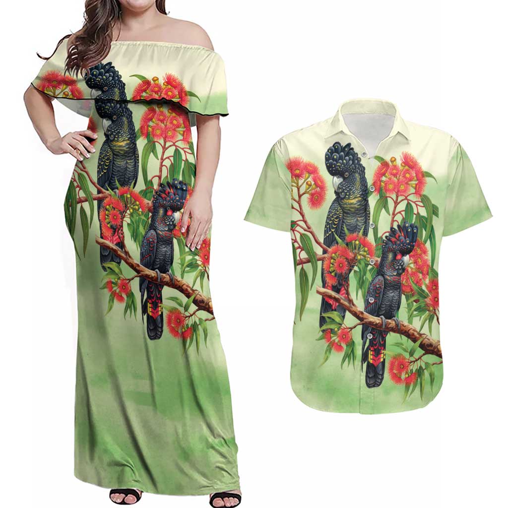 Australia Black Cockatoo and Eucalyptus Couples Matching Off Shoulder Maxi Dress and Hawaiian Shirt Green Spirit of Aussie Native Bird - Aussie Hoodie
