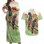 Australia Black Cockatoo and Eucalyptus Couples Matching Off Shoulder Maxi Dress and Hawaiian Shirt Green Spirit of Aussie Native Bird - Aussie Hoodie