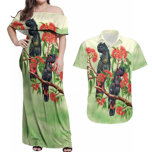 Australia Black Cockatoo and Eucalyptus Couples Matching Off Shoulder Maxi Dress and Hawaiian Shirt Green Spirit of Aussie Native Bird - Aussie Hoodie