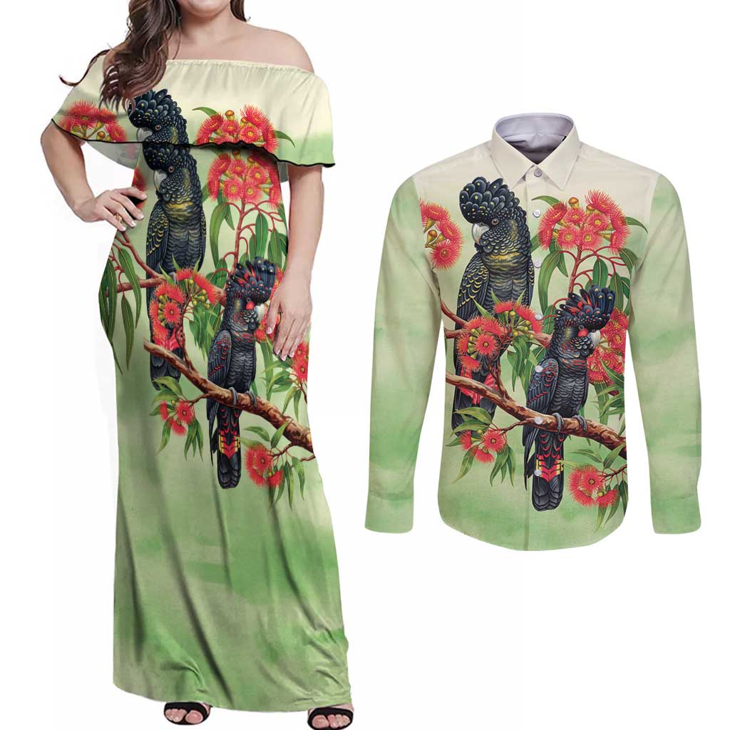 Australia Black Cockatoo and Eucalyptus Couples Matching Off Shoulder Maxi Dress and Long Sleeve Button Shirt Green Spirit of Aussie Native Bird - Aussie Hoodie