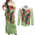 Australia Black Cockatoo and Eucalyptus Couples Matching Off Shoulder Maxi Dress and Long Sleeve Button Shirt Green Spirit of Aussie Native Bird - Aussie Hoodie