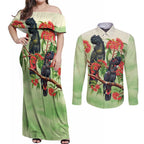 Australia Black Cockatoo and Eucalyptus Couples Matching Off Shoulder Maxi Dress and Long Sleeve Button Shirt Green Spirit of Aussie Native Bird - Aussie Hoodie