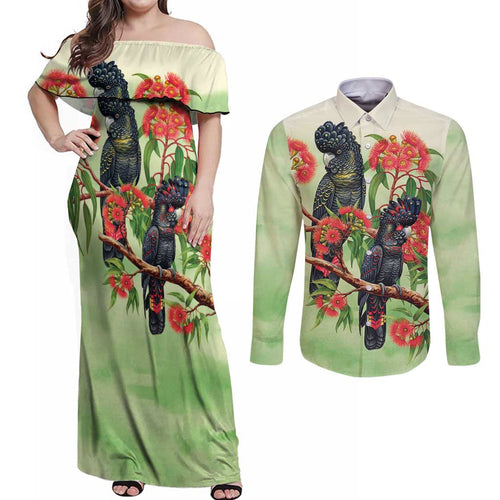 Australia Black Cockatoo and Eucalyptus Couples Matching Off Shoulder Maxi Dress and Long Sleeve Button Shirt Green Spirit of Aussie Native Bird - Aussie Hoodie