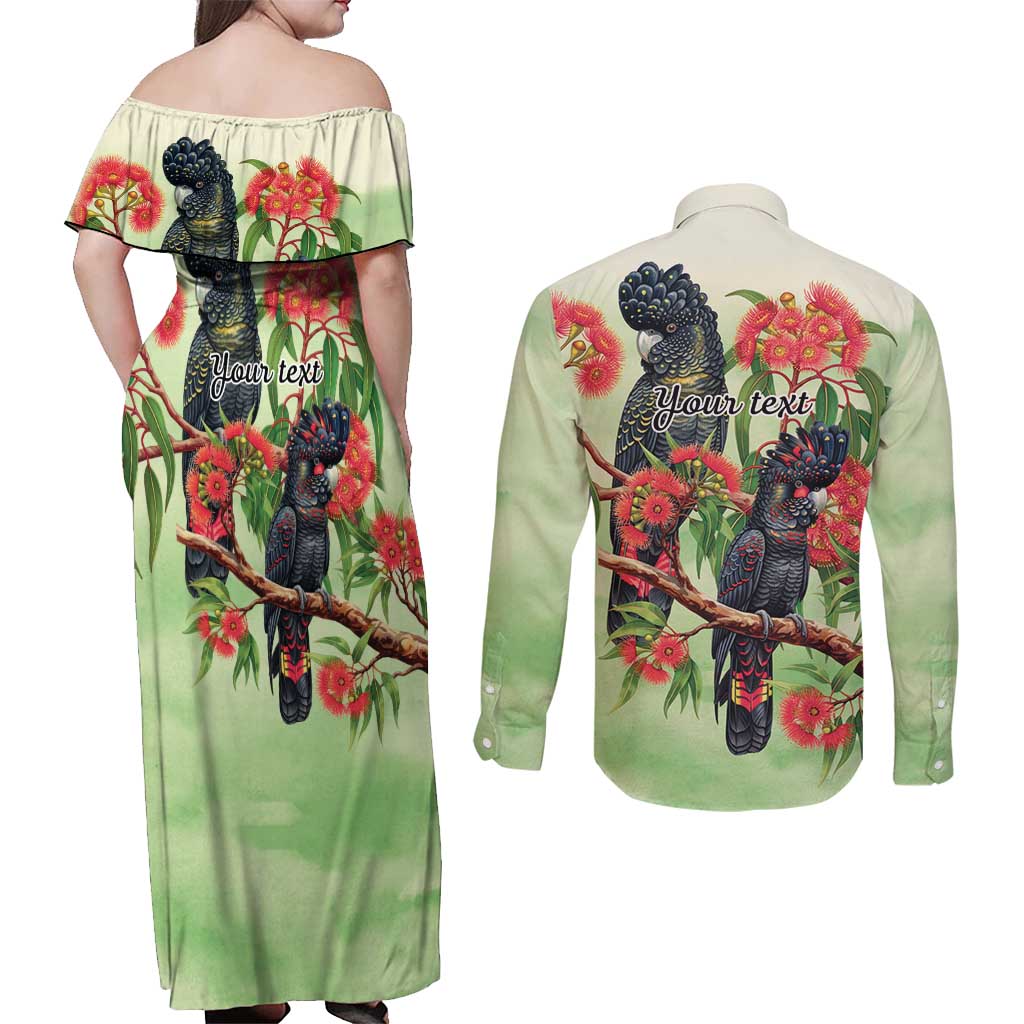 Australia Black Cockatoo and Eucalyptus Couples Matching Off Shoulder Maxi Dress and Long Sleeve Button Shirt Green Spirit of Aussie Native Bird - Aussie Hoodie
