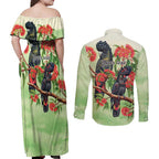 Australia Black Cockatoo and Eucalyptus Couples Matching Off Shoulder Maxi Dress and Long Sleeve Button Shirt Green Spirit of Aussie Native Bird - Aussie Hoodie