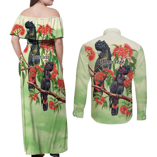 Australia Black Cockatoo and Eucalyptus Couples Matching Off Shoulder Maxi Dress and Long Sleeve Button Shirt Green Spirit of Aussie Native Bird - Aussie Hoodie
