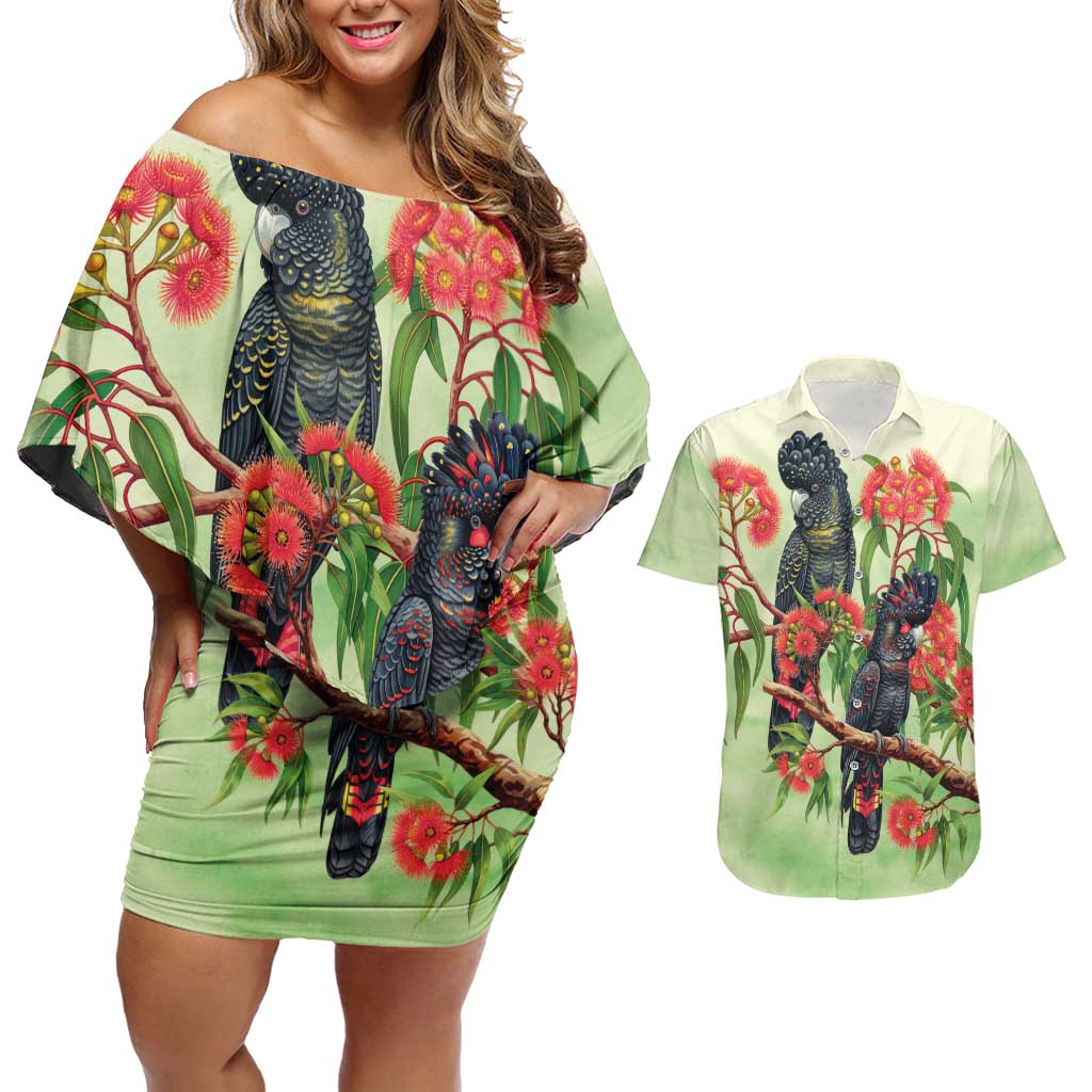 Australia Black Cockatoo and Eucalyptus Couples Matching Off Shoulder Short Dress and Hawaiian Shirt Green Spirit of Aussie Native Bird - Aussie Hoodie