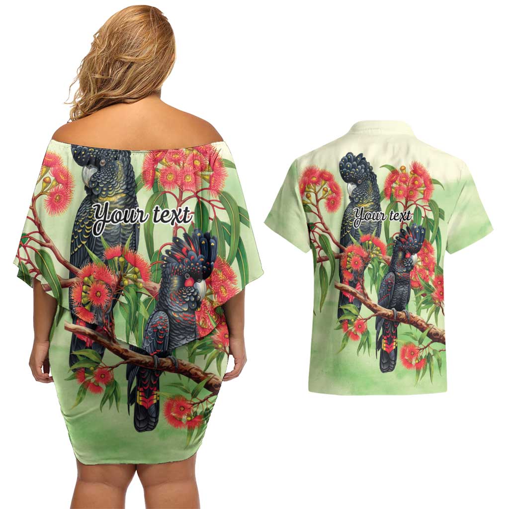 Australia Black Cockatoo and Eucalyptus Couples Matching Off Shoulder Short Dress and Hawaiian Shirt Green Spirit of Aussie Native Bird - Aussie Hoodie