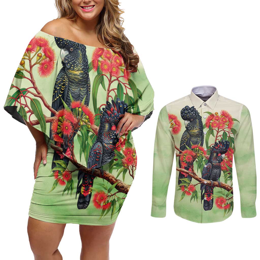 Australia Black Cockatoo and Eucalyptus Couples Matching Off Shoulder Short Dress and Long Sleeve Button Shirt Green Spirit of Aussie Native Bird - Aussie Hoodie