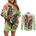 Australia Black Cockatoo and Eucalyptus Couples Matching Off Shoulder Short Dress and Long Sleeve Button Shirt Green Spirit of Aussie Native Bird - Aussie Hoodie