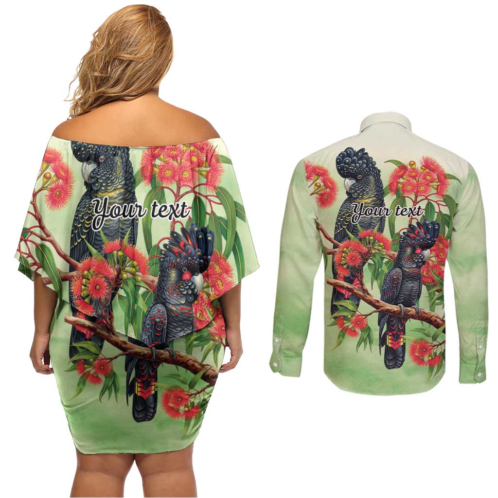 Australia Black Cockatoo and Eucalyptus Couples Matching Off Shoulder Short Dress and Long Sleeve Button Shirt Green Spirit of Aussie Native Bird - Aussie Hoodie
