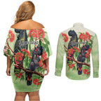 Australia Black Cockatoo and Eucalyptus Couples Matching Off Shoulder Short Dress and Long Sleeve Button Shirt Green Spirit of Aussie Native Bird - Aussie Hoodie