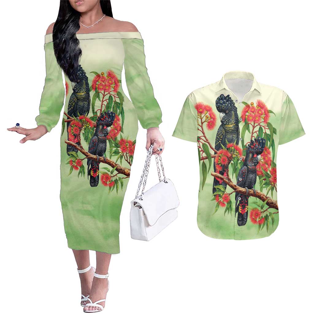 Australia Black Cockatoo and Eucalyptus Couples Matching Off The Shoulder Long Sleeve Dress and Hawaiian Shirt Green Spirit of Aussie Native Bird - Aussie Hoodie