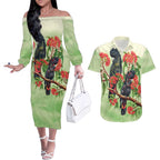 Australia Black Cockatoo and Eucalyptus Couples Matching Off The Shoulder Long Sleeve Dress and Hawaiian Shirt Green Spirit of Aussie Native Bird - Aussie Hoodie